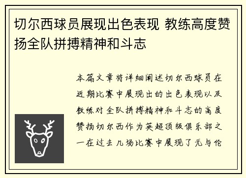 切尔西球员展现出色表现 教练高度赞扬全队拼搏精神和斗志