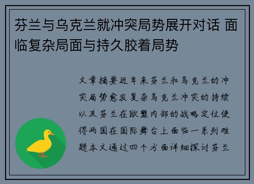 芬兰与乌克兰就冲突局势展开对话 面临复杂局面与持久胶着局势