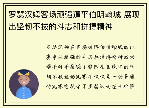 罗瑟汉姆客场顽强逼平伯明翰城 展现出坚韧不拔的斗志和拼搏精神