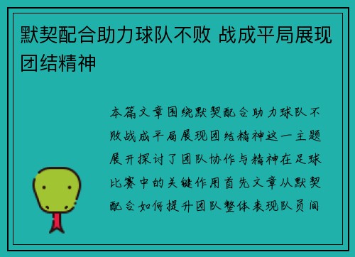 默契配合助力球队不败 战成平局展现团结精神