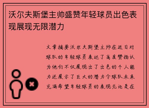 沃尔夫斯堡主帅盛赞年轻球员出色表现展现无限潜力