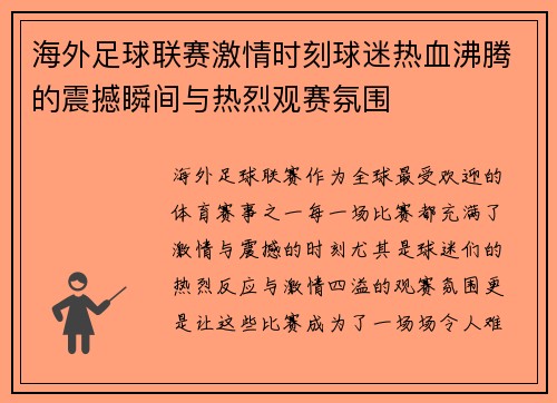 海外足球联赛激情时刻球迷热血沸腾的震撼瞬间与热烈观赛氛围