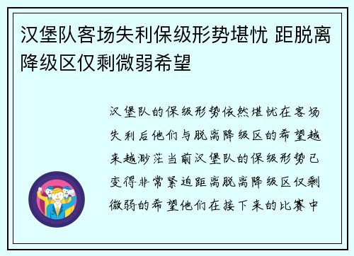 汉堡队客场失利保级形势堪忧 距脱离降级区仅剩微弱希望