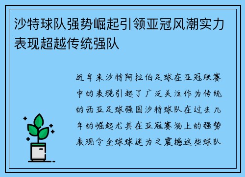 沙特球队强势崛起引领亚冠风潮实力表现超越传统强队