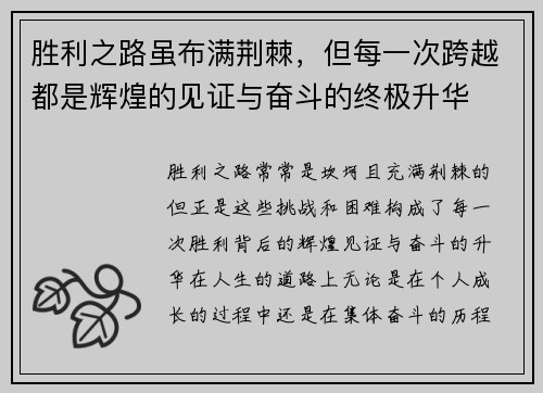 胜利之路虽布满荆棘，但每一次跨越都是辉煌的见证与奋斗的终极升华