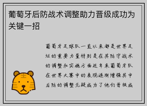 葡萄牙后防战术调整助力晋级成功为关键一招