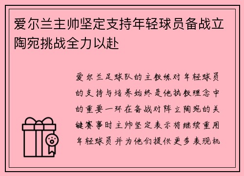 爱尔兰主帅坚定支持年轻球员备战立陶宛挑战全力以赴