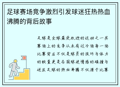 足球赛场竞争激烈引发球迷狂热热血沸腾的背后故事